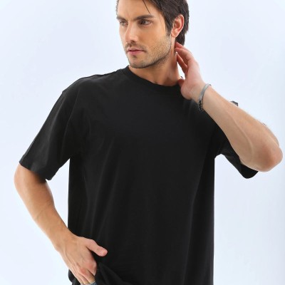 Erkek Düz Yazlık Kısa Kol Tişört Bisiklet Yaka Oversize T-Shirt - Siyah