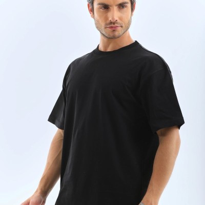 Erkek Düz Yazlık Kısa Kol Tişört Bisiklet Yaka Oversize T-Shirt - Siyah