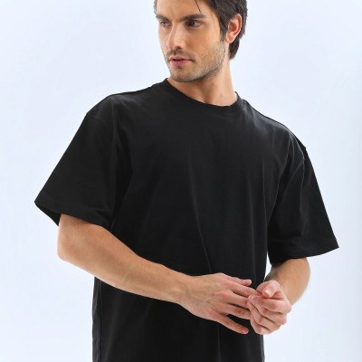 Erkek Düz Yazlık Kısa Kol Tişört Bisiklet Yaka Oversize T-Shirt - Siyah