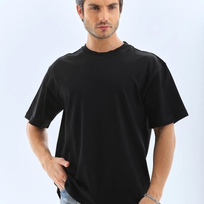 Erkek Düz Yazlık Kısa Kol Tişört Bisiklet Yaka Oversize T-Shirt - Siyah