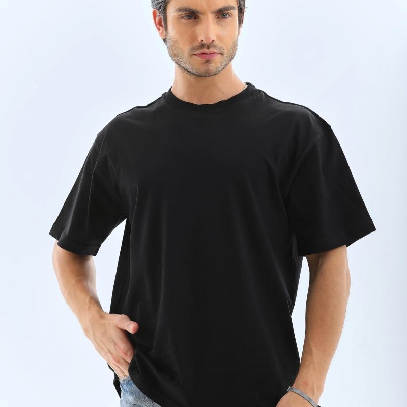 Erkek Düz Yazlık Kısa Kol Tişört Bisiklet Yaka Oversize T-Shirt - Siyah