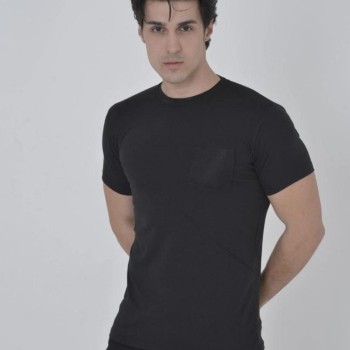 Erkek File Çepli  T-Shirt Kısa Kol Bisiklet Yaka Slimfit Tişört - Siyah