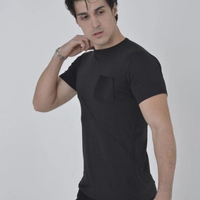 Erkek File Çepli  T-Shirt Kısa Kol Bisiklet Yaka Slimfit Tişört - Siyah