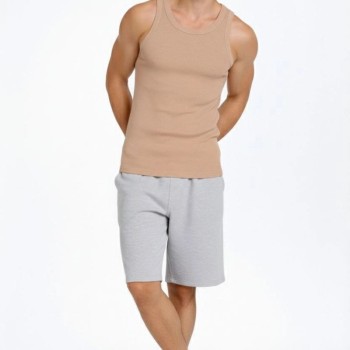 Erkek Fitilli Atlet Sıfır Yaka Slim Fit Arka Baskılı Spor Atlet - Bej