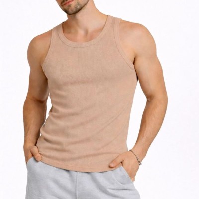 Erkek Fitilli Atlet Sıfır Yaka Slim Fit Arka Baskılı Spor Atlet - Bej