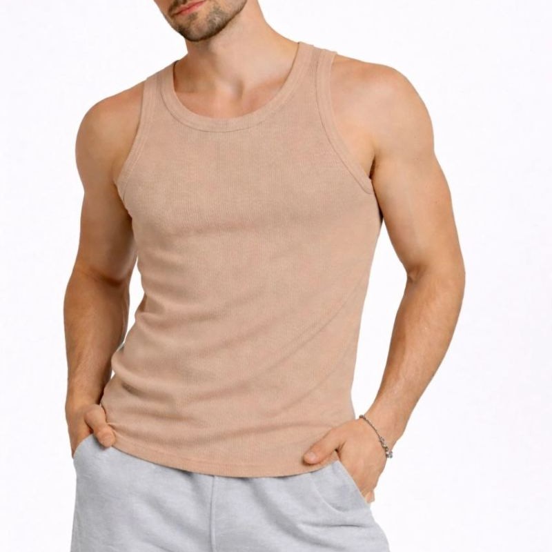 Erkek Fitilli Atlet Sıfır Yaka Slim Fit Arka Baskılı Spor Atlet - Bej