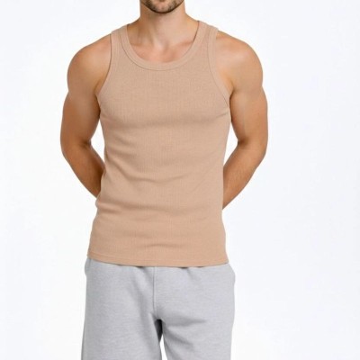 Erkek Fitilli Atlet Sıfır Yaka Slim Fit Arka Baskılı Spor Atlet - Bej