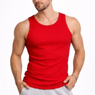 Erkek Fitilli Atlet Sıfır Yaka Slim Fit Arka Baskılı Spor Atlet - Kırmızı