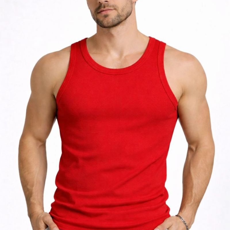 Erkek Fitilli Atlet Sıfır Yaka Slim Fit Arka Baskılı Spor Atlet - Kırmızı