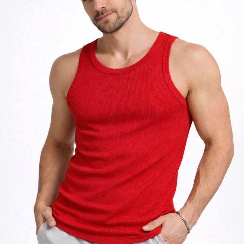 Erkek Fitilli Atlet Sıfır Yaka Slim Fit Arka Baskılı Spor Atlet - Kırmızı