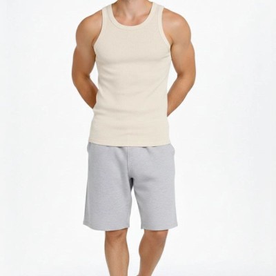 Erkek Fitilli Atlet Sıfır Yaka Slim Fit Arka Baskılı Spor Atlet - Krem