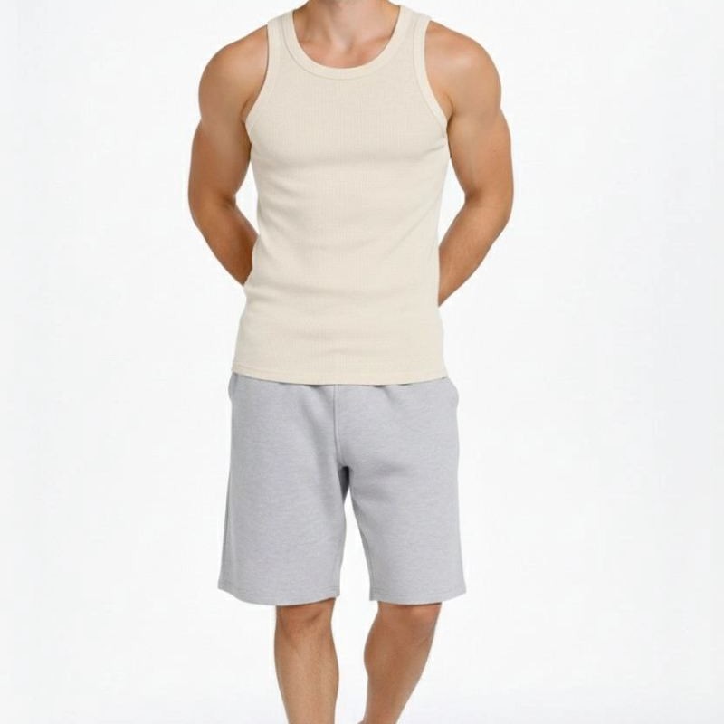Erkek Fitilli Atlet Sıfır Yaka Slim Fit Arka Baskılı Spor Atlet - Krem