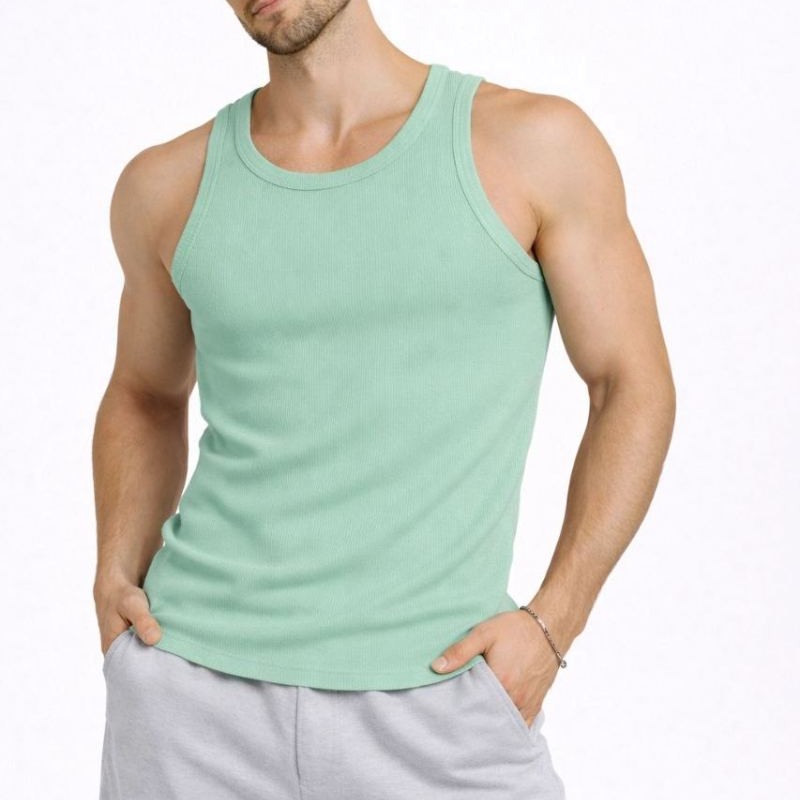 Erkek Fitilli Atlet Sıfır Yaka Slim Fit Arka Baskılı Spor Atlet - Mint Yeşili
