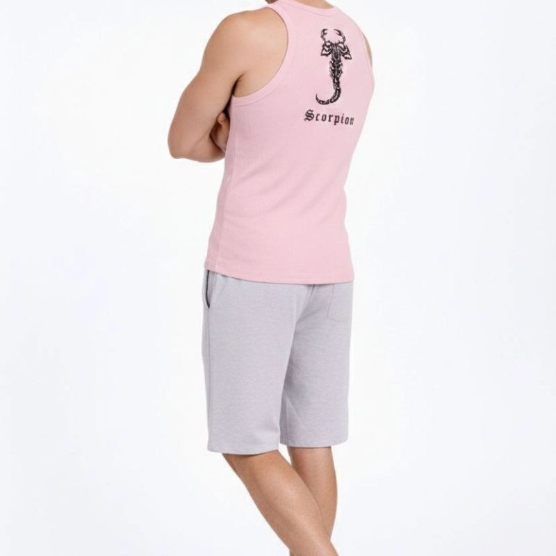 Erkek Fitilli Atlet Sıfır Yaka Slim Fit Arka Baskılı Spor Atlet - Pembe