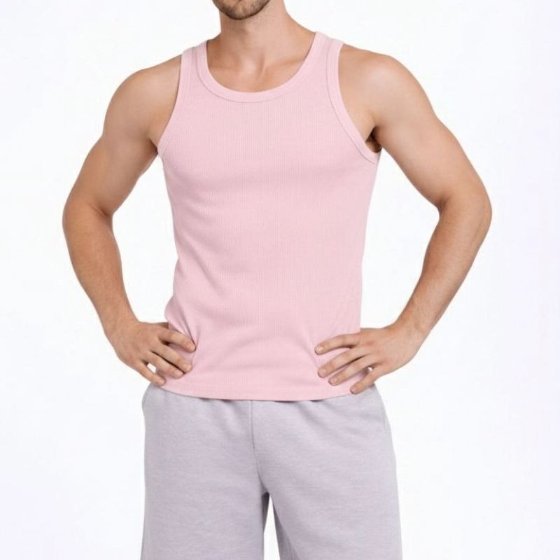 Erkek Fitilli Atlet Sıfır Yaka Slim Fit Arka Baskılı Spor Atlet - Pembe