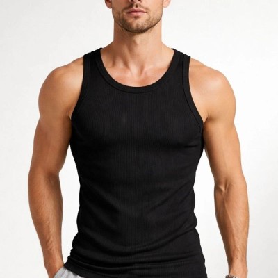 Erkek Fitilli Atlet Sıfır Yaka Slim Fit Arka Baskılı Spor Atlet - Siyah