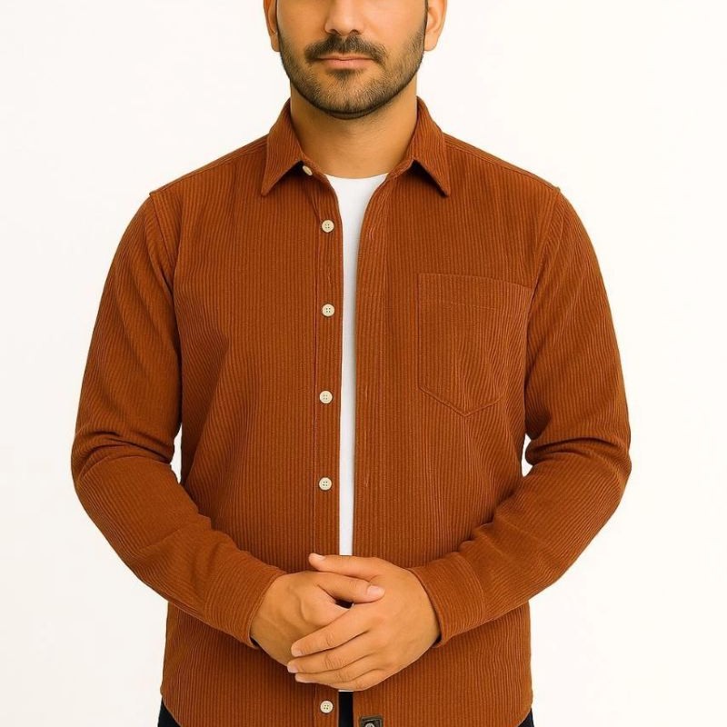 Erkek Fitilli Kadife Cepli Gömlek Oversize Rahat Kalıp - Kahverengi