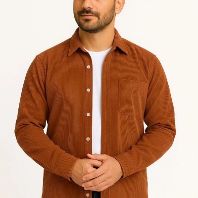 Erkek Fitilli Kadife Cepli Gömlek Oversize Rahat Kalıp - Kahverengi