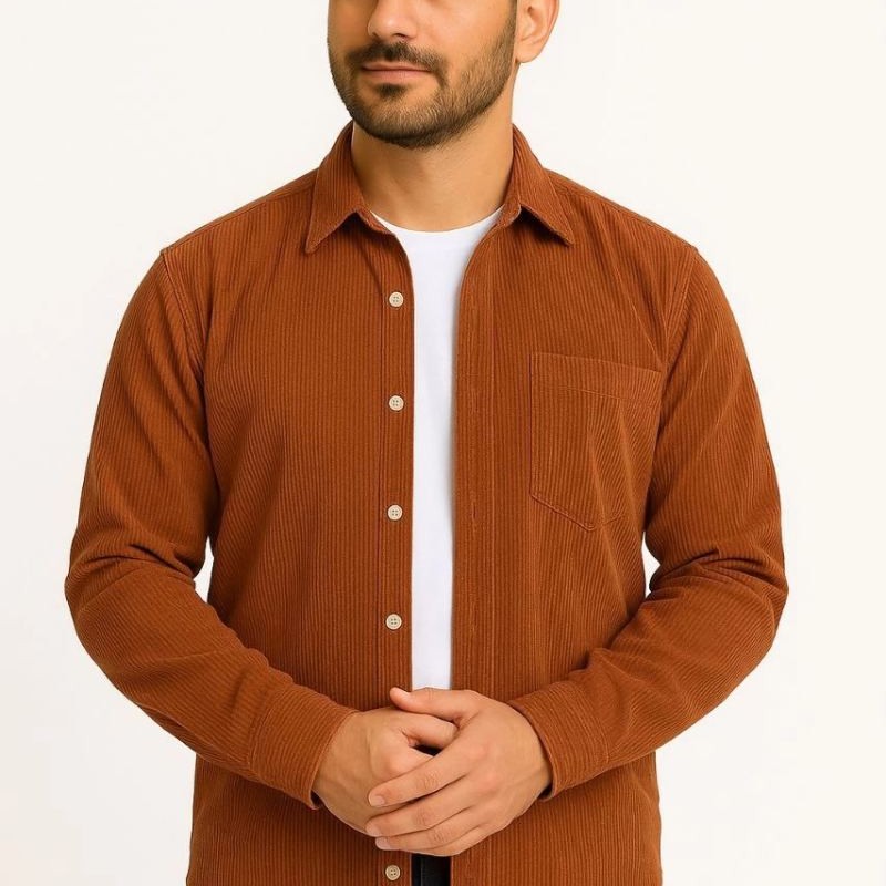 Erkek Fitilli Kadife Cepli Gömlek Oversize Rahat Kalıp - Kahverengi