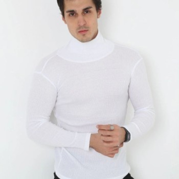 Erkek Fitilli Kaşkorse Kumaş Boğazlı Full Likralı Slimfit Body - Beyaz