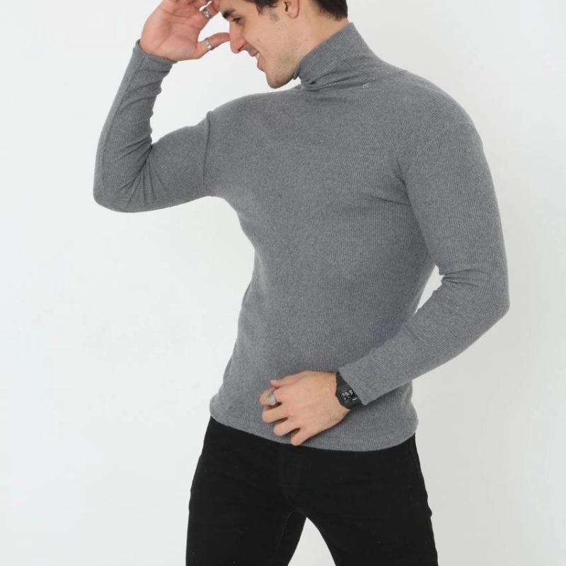 Erkek Fitilli Kaşkorse Kumaş Boğazlı Full Likralı Slimfit Body - Füme