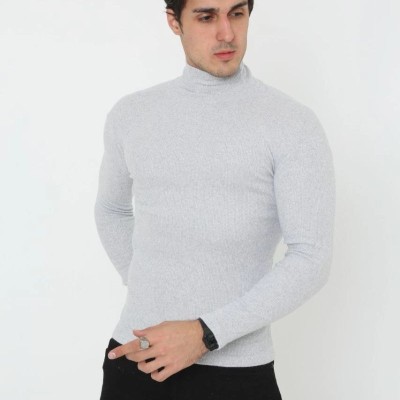 Erkek Fitilli Kaşkorse Kumaş Boğazlı Full Likralı Slimfit Body - Gri