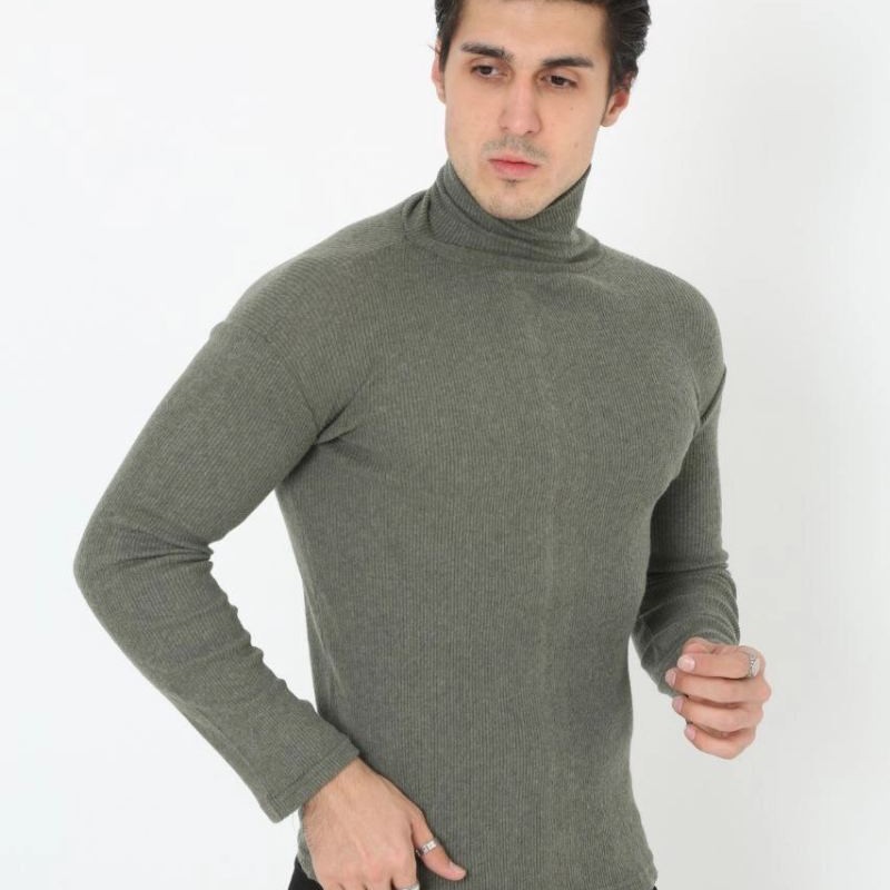 Erkek Fitilli Kaşkorse Kumaş Boğazlı Full Likralı Slimfit Body - Haki