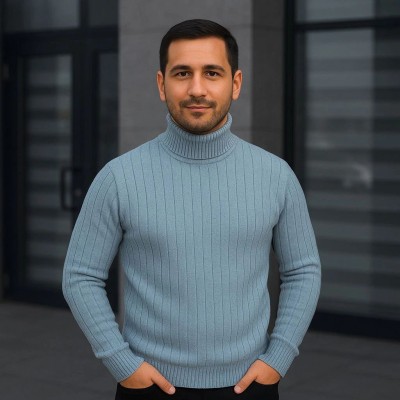 Erkek Fitilli Kazak Tam Boğazlı Balıkçı Yaka Triko 2'li Set Bebek Mavisi-Siyah