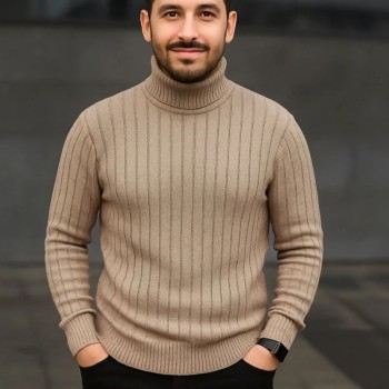 Erkek Fitilli Kazak Tam Boğazlı Balıkçı Yaka Triko 2'li Set Bej-Siyah