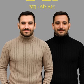 Erkek Fitilli Kazak Tam Boğazlı Balıkçı Yaka Triko 2'li Set Bej-Siyah
