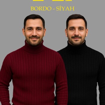 Erkek Fitilli Kazak Tam Boğazlı Balıkçı Yaka Triko 2'li Set Bordo-Siyah
