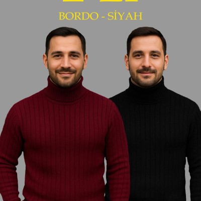 Erkek Fitilli Kazak Tam Boğazlı Balıkçı Yaka Triko 2'li Set Bordo-Siyah