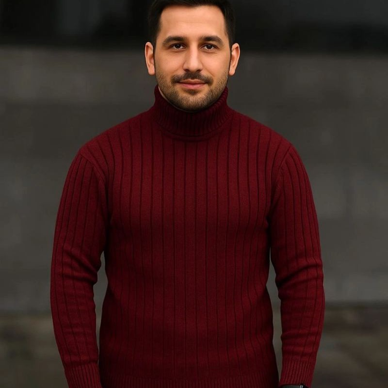 Erkek Fitilli Kazak Tam Boğazlı Balıkçı Yaka Triko 2'li Set Bordo-Siyah