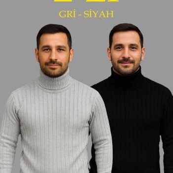 Erkek Fitilli Kazak Tam Boğazlı Balıkçı Yaka Triko 2'li Set Gri-Siyah