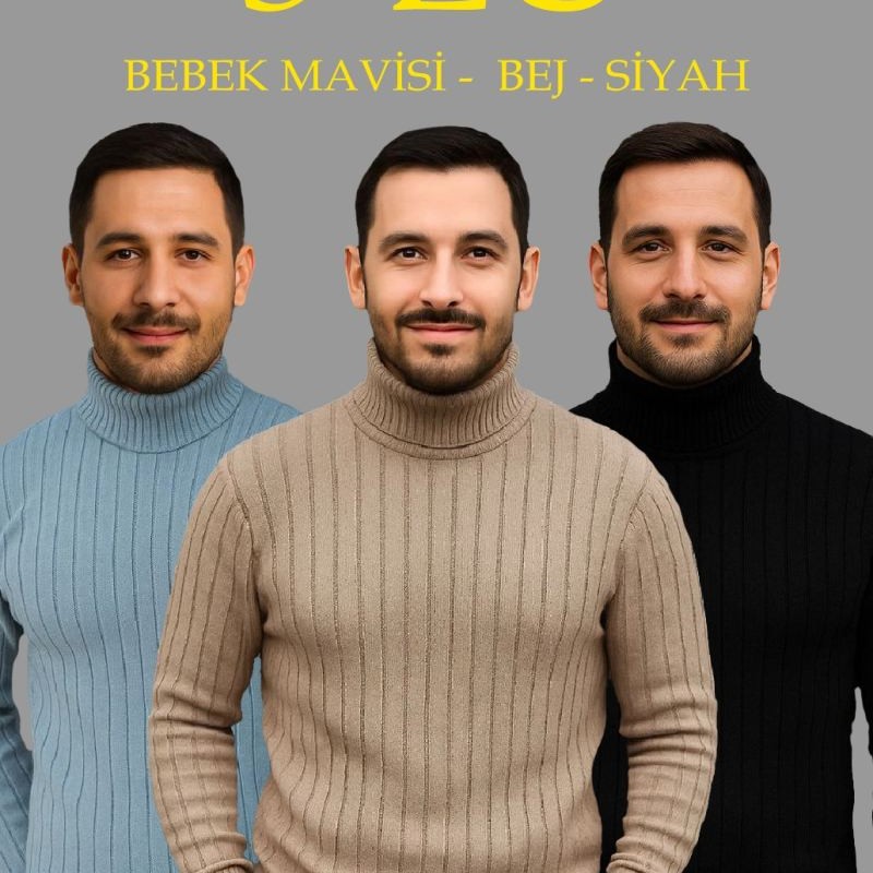 Erkek Fitilli Kazak Tam Boğazlı Balıkçı Yaka Triko 3'lü Set Bebek Mavisi-Bej-Siyah