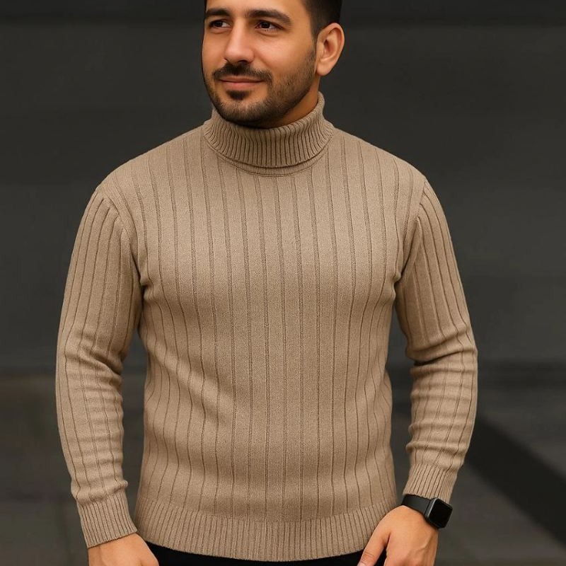 Erkek Fitilli Kazak Tam Boğazlı Balıkçı Yaka Triko 3'lü Set  Bej-Haki-Siyah
