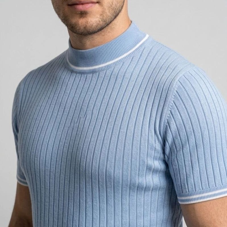 Erkek Fitilli Triko Dokuma Kısa Kol Tişört Yarım Boğaz Modern Yazlık T-Shirt - Bebe Mavisi