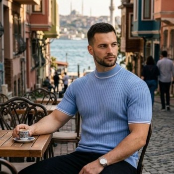 Erkek Fitilli Triko Dokuma Kısa Kol Tişört Yarım Boğaz Modern Yazlık T-Shirt - Bebe Mavisi