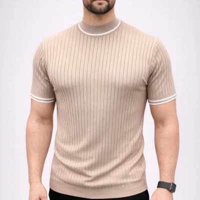 Erkek Fitilli Triko Dokuma Kısa Kol Tişört Yarım Boğaz Modern Yazlık T-Shirt - Bej