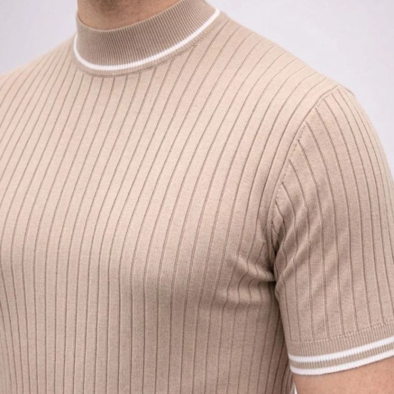 Erkek Fitilli Triko Dokuma Kısa Kol Tişört Yarım Boğaz Modern Yazlık T-Shirt - Bej