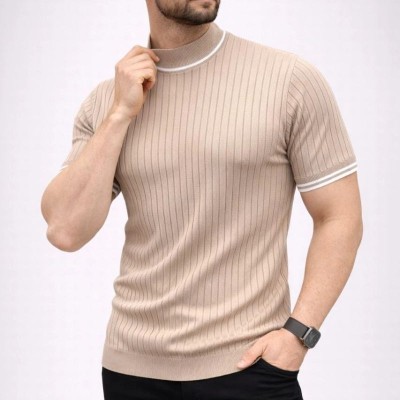 Erkek Fitilli Triko Dokuma Kısa Kol Tişört Yarım Boğaz Modern Yazlık T-Shirt - Bej