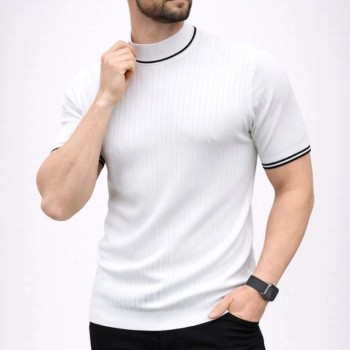 Erkek Fitilli Triko Dokuma Kısa Kol Tişört Yarım Boğaz Modern Yazlık T-Shirt - Beyaz