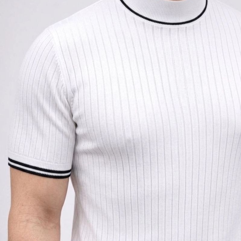 Erkek Fitilli Triko Dokuma Kısa Kol Tişört Yarım Boğaz Modern Yazlık T-Shirt - Beyaz