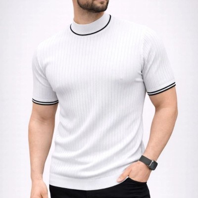 Erkek Fitilli Triko Dokuma Kısa Kol Tişört Yarım Boğaz Modern Yazlık T-Shirt - Beyaz
