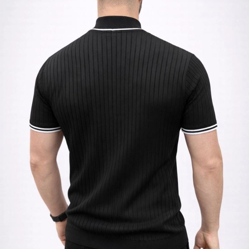 Erkek Fitilli Triko Dokuma Kısa Kol Tişört Yarım Boğaz Modern Yazlık T-Shirt - Siyah