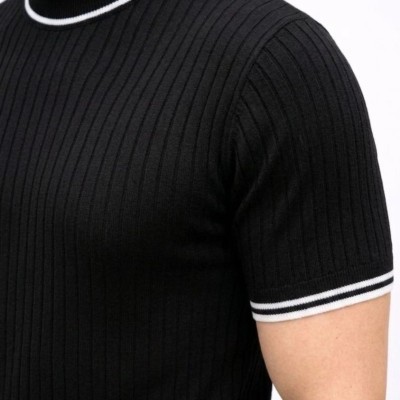 Erkek Fitilli Triko Dokuma Kısa Kol Tişört Yarım Boğaz Modern Yazlık T-Shirt - Siyah
