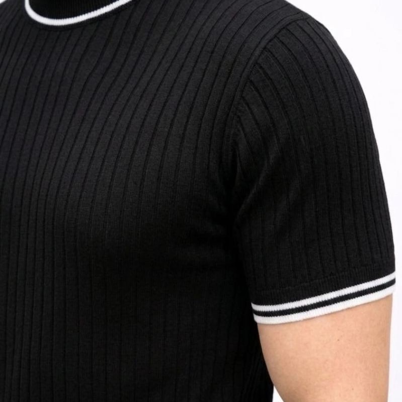 Erkek Fitilli Triko Dokuma Kısa Kol Tişört Yarım Boğaz Modern Yazlık T-Shirt - Siyah