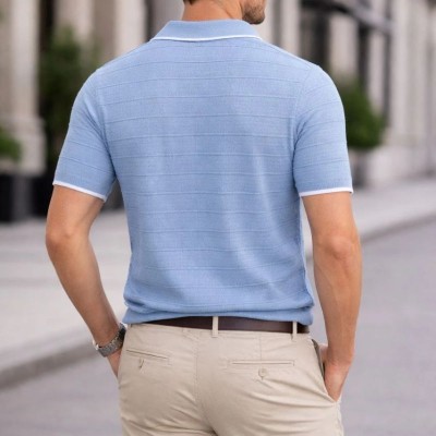 Erkek Fitilli Yazlık Triko Tişört Düğmesiz Polo Yaka Kısa Kol T-shirt - Bebek Mavisi