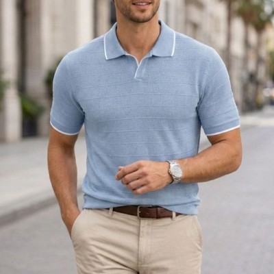 Erkek Fitilli Yazlık Triko Tişört Düğmesiz Polo Yaka Kısa Kol T-shirt - Bebek Mavisi