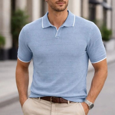 Erkek Fitilli Yazlık Triko Tişört Düğmesiz Polo Yaka Kısa Kol T-shirt - Bebek Mavisi